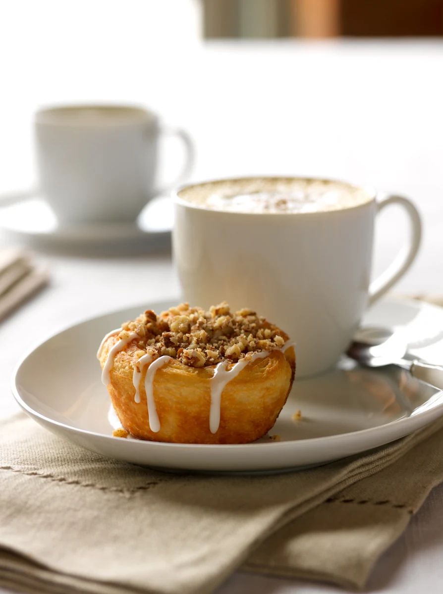 A glazed, nut-topped Duffeyroll on a plate in front of a latte.