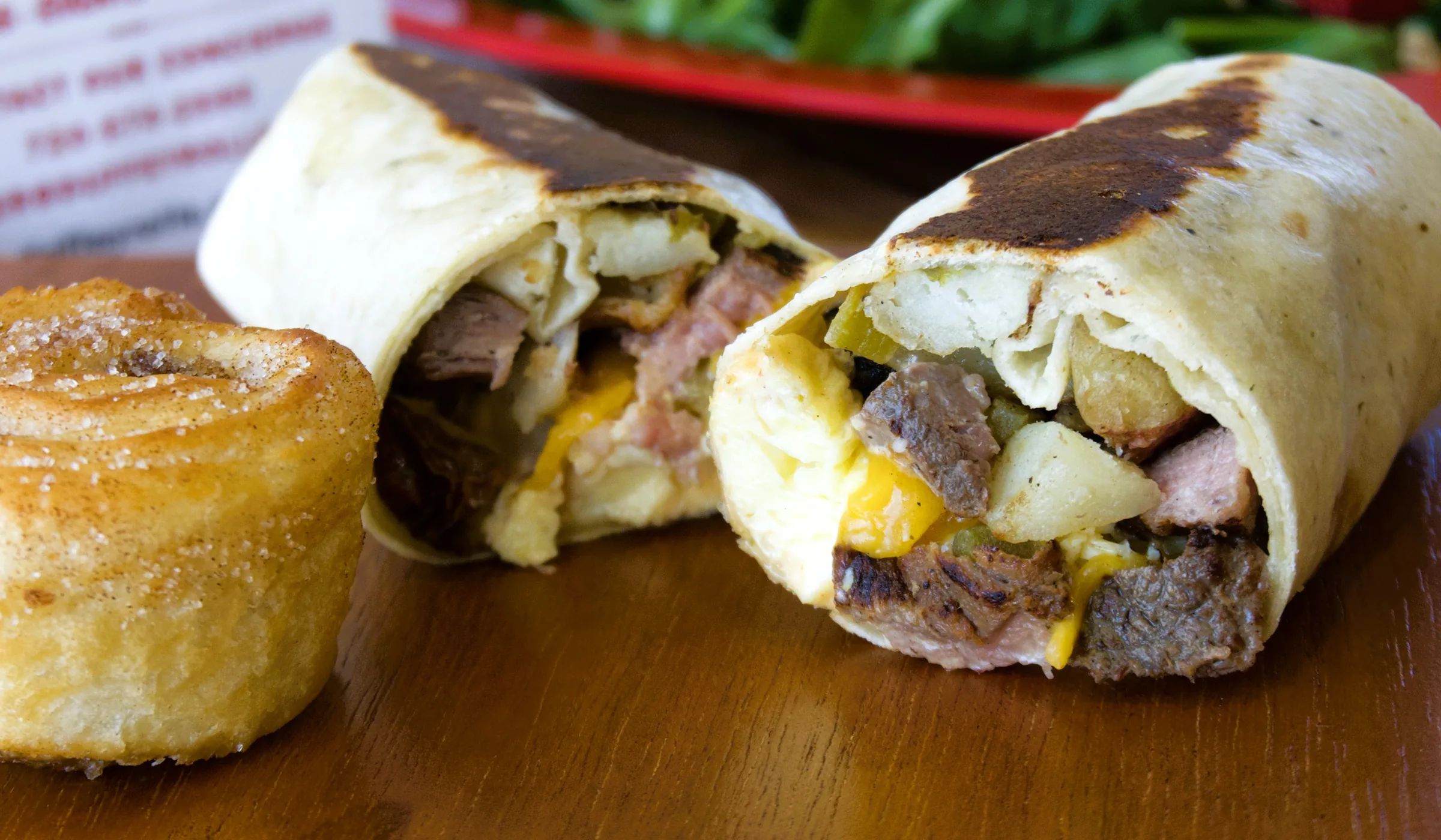 Steak & Eggs Wraprito, cut in half.